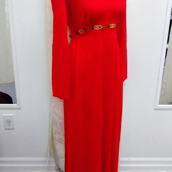 1970's Vintage Red Maxi Peasant Dress w/ Embroidered Waistband by Styled by Mr. - Picture 2 of 10